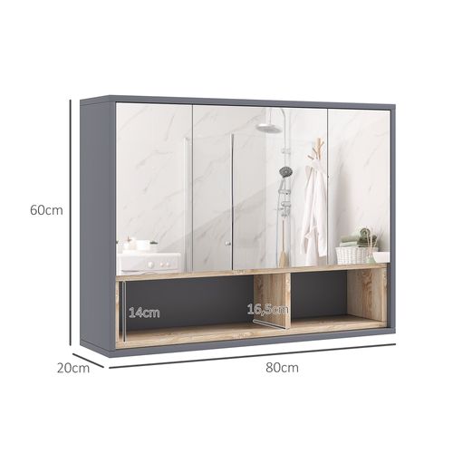 Armoire Miroir Salle De Bain - 3 Portes, 3 étagères, 2 Niches - Gris Effet Bois Naturel