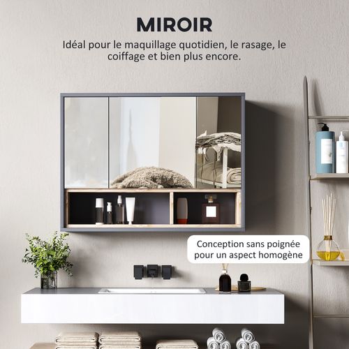 Armoire Miroir Salle De Bain - 3 Portes, 3 étagères, 2 Niches - Gris Effet Bois Naturel