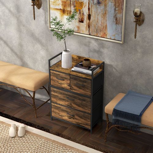 Commode Style Industriel - 4 Tiroirs - Acier Noir Non Tissé Plateau Effet Bois