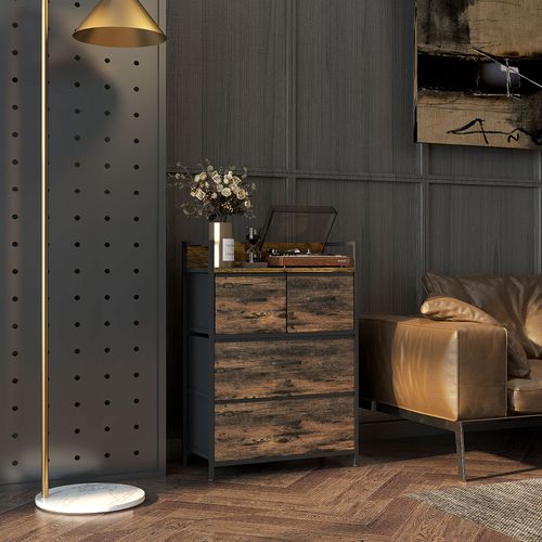 Commode Style Industriel - 4 Tiroirs - Acier Noir Non Tissé Plateau Effet Bois