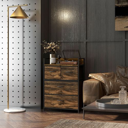 Commode Style Industriel - 4 Tiroirs - Acier Noir Non Tissé Plateau Effet Bois