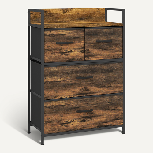 Commode Style Industriel - 4 Tiroirs - Acier Noir Non Tissé Plateau Effet Bois