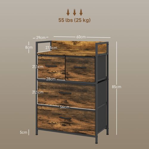 Commode Style Industriel - 4 Tiroirs - Acier Noir Non Tissé Plateau Effet Bois