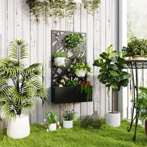 Jardinière Treillis Haut Design Graphique Rectiligne Métal Thermolaqué Noir