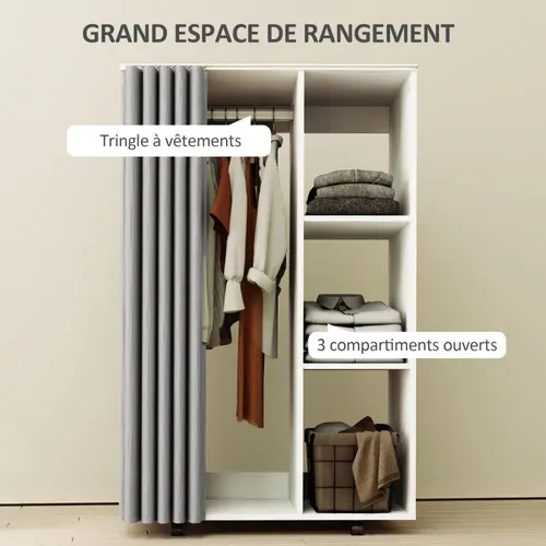 Armoire Penderie Sur Roulettes - Tringle, 3 Compartiments