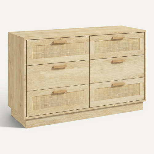 Commode 6 Tiroirs Style Bohème Chic Rotin Effet Bois Clair Naturel