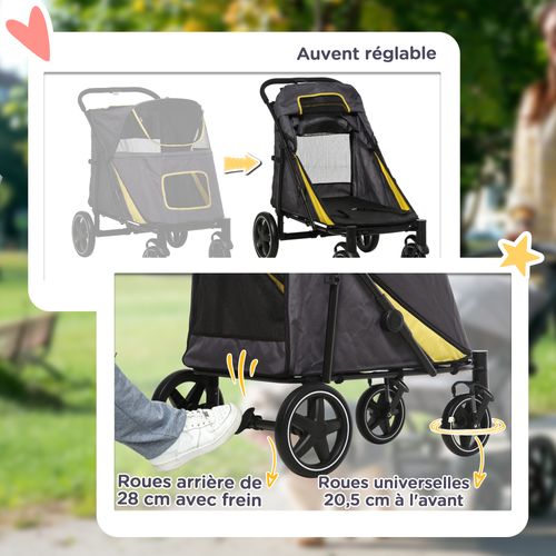 Poussette Pour Chien Pliable 4 Roues 2 Portes Rangements Noir Gris Jaune