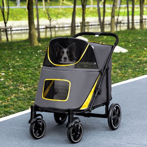 Poussette Pour Chien Pliable 4 Roues 2 Portes Rangements Noir Gris Jaune