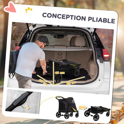 Poussette Pour Chien Pliable 4 Roues 2 Portes Rangements Noir Gris Jaune