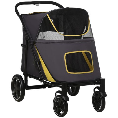 Poussette Pour Chien Pliable 4 Roues 2 Portes Rangements Noir Gris Jaune