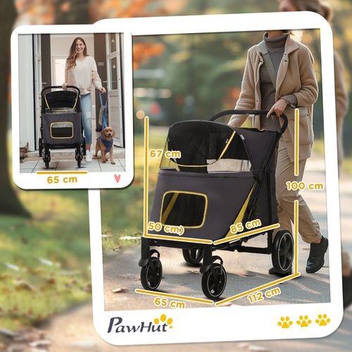 Poussette Pour Chien Pliable 4 Roues 2 Portes Rangements Noir Gris Jaune