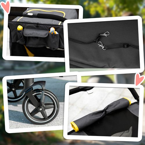 Poussette Pour Chien Pliable 4 Roues 2 Portes Rangements Noir Gris Jaune