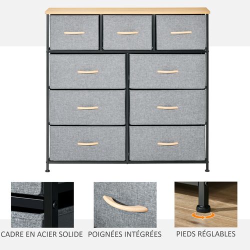 Rangement Commode 9 Tiroirs Plateau Acier Mdf Non Tissé