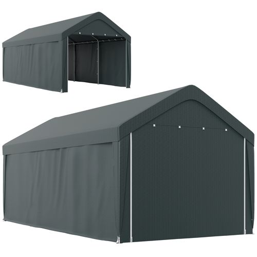 Abri Voiture Extérieur 590l x 300l x 280h cm 2 Portes Zippées Enroulables Pe Et Acier Gris