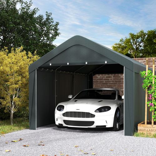 Abri Voiture Extérieur 590l x 300l x 280h cm 2 Portes Zippées Enroulables Pe Et Acier Gris