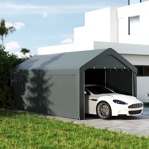 Abri Voiture Extérieur 590l x 300l x 280h cm 2 Portes Zippées Enroulables Pe Et Acier Gris
