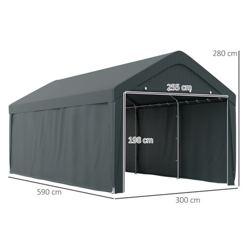 Abri Voiture Extérieur 590l x 300l x 280h cm 2 Portes Zippées Enroulables Pe Et Acier Gris