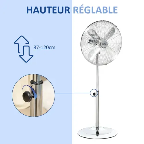 Ventilateur Sur Pied 50w Réglable Design Métal Argenté