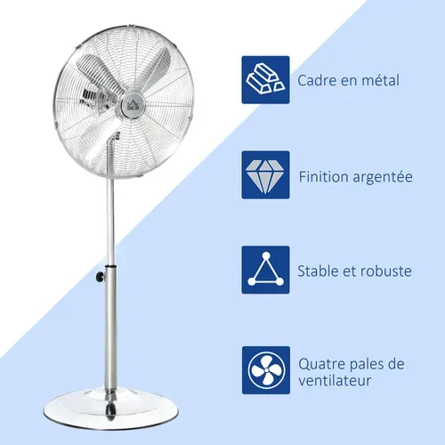 Ventilateur Sur Pied 50w Réglable Design Métal Argenté