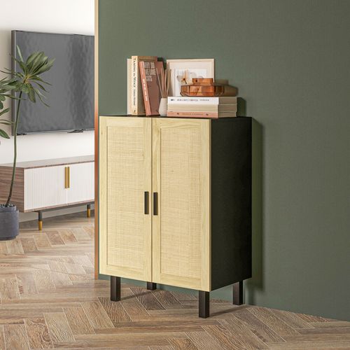 Buffet 2 Portes 2 étagères Style Bohème Aspect Bois Clair Cannage Rotin