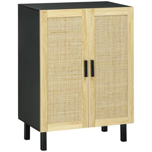 Buffet 2 Portes 2 étagères Style Bohème Aspect Bois Clair Cannage Rotin