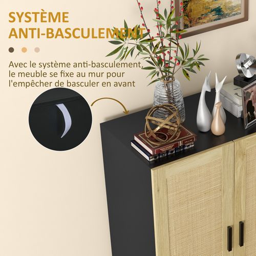 Buffet 2 Portes 2 étagères Style Bohème Aspect Bois Clair Cannage Rotin