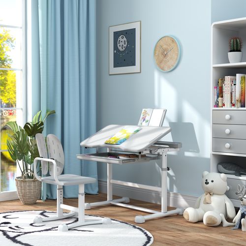Bureau Enfant Inclinable Réglable Avec Chaise Multi-rangement Gris Blanc
