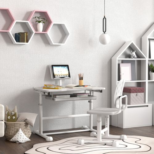 Bureau Enfant Inclinable Réglable Avec Chaise Multi-rangement Gris Blanc