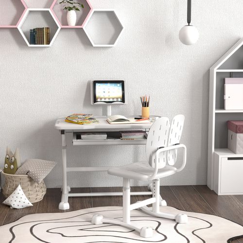 Bureau Enfant Inclinable Réglable Avec Chaise Multi-rangement Gris Blanc
