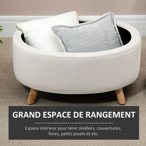 Pouf Coffre De Rangement Piètement Bois Velours Beige