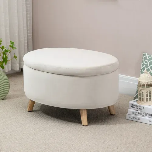 Pouf Coffre De Rangement Piètement Bois Velours Beige