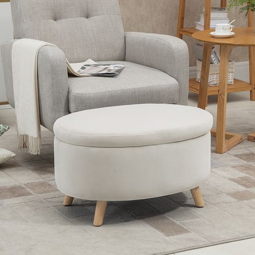 Pouf Coffre De Rangement Piètement Bois Velours Beige