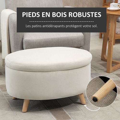 Pouf Coffre De Rangement Piètement Bois Velours Beige