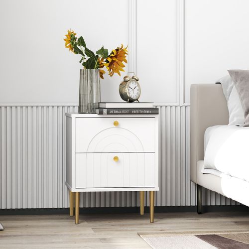 Lot De 2 Chevets Design - 2 Tiroirs - Métal Doré Blanc