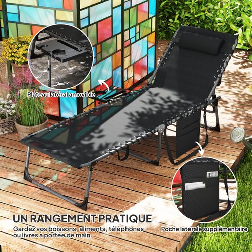 Bain De Soleil Transat Pliable Inclinable Avec Poignée, Plateau Et Pochette