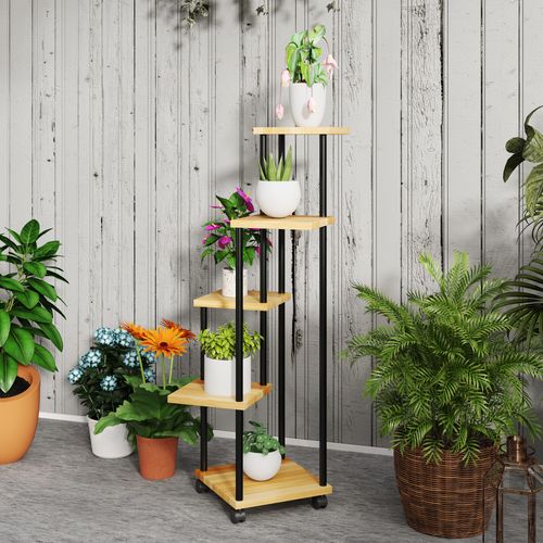 Etagère à Fleurs 5 Niveaux Sur Roulettes Acier Bois Verni