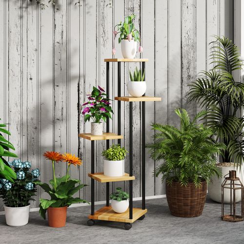 Etagère à Fleurs 5 Niveaux Sur Roulettes Acier Bois Verni