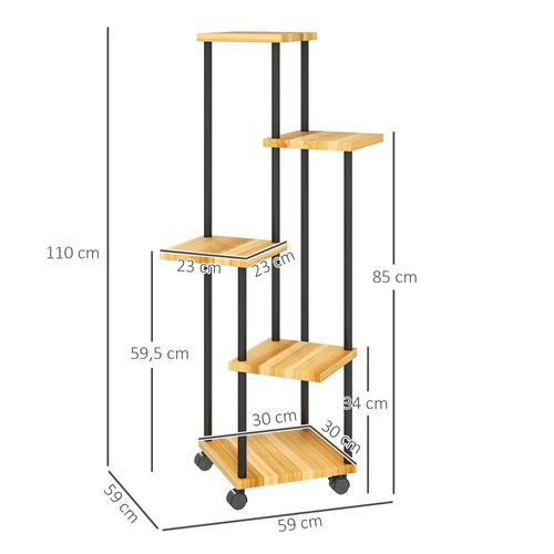 Etagère à Fleurs 5 Niveaux Sur Roulettes Acier Bois Verni