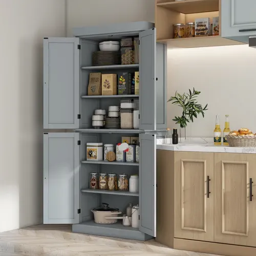 Buffet Haut - Armoire De Cuisine - 2 Portes, 4 étagères - Gris