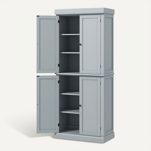 Buffet Haut - Armoire De Cuisine - 2 Portes, 4 étagères - Gris