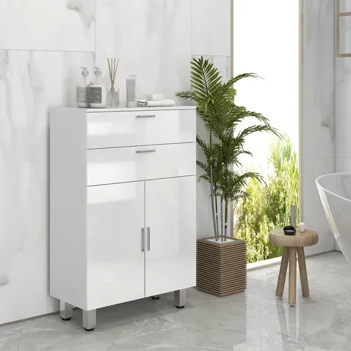 Meuble Bas Salle De Bain Façade Blanc Laqué 2 Portes 2 étagères 2 Tiroirs