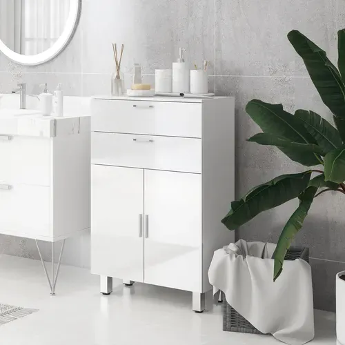 Meuble Bas Salle De Bain Façade Blanc Laqué 2 Portes 2 étagères 2 Tiroirs