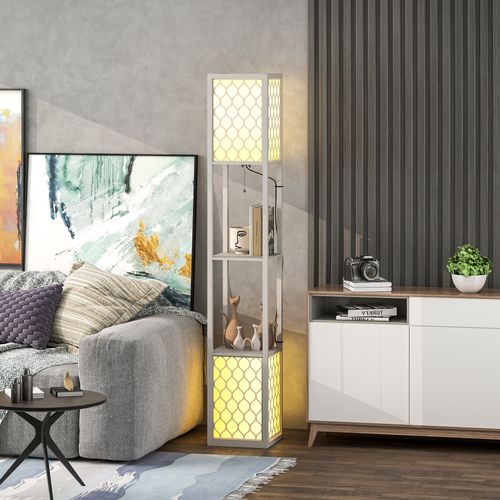 Lampadaire 2 étagères Mdf Abat-jour Tissu Motif Nid D'abeille