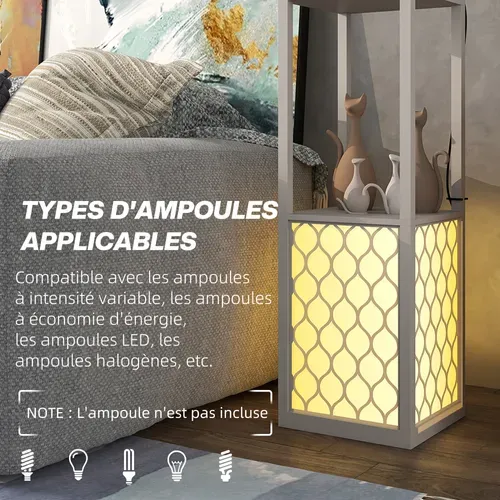 Lampadaire 2 étagères Mdf Abat-jour Tissu Motif Nid D'abeille