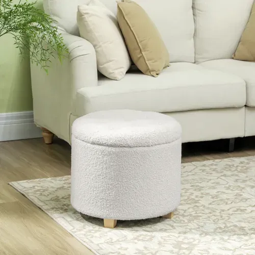 Pouf Coffre Rangement En Tissu Bouclette Blanc