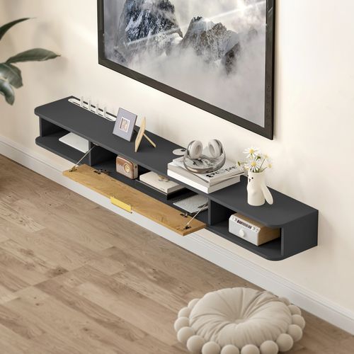 Meuble TV Design Suspendu - 2 Niches, Porte Abbatante - Gris Charbon Effet Bois
