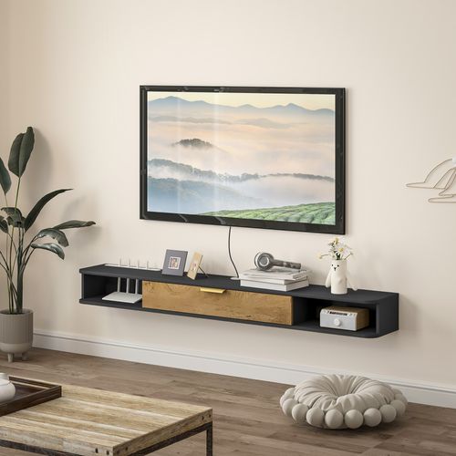 Meuble TV Design Suspendu - 2 Niches, Porte Abbatante - Gris Charbon Effet Bois