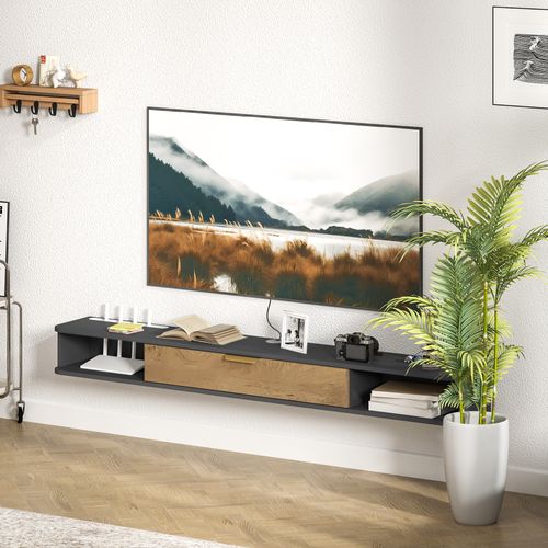 Meuble TV Design Suspendu - 2 Niches, Porte Abbatante - Gris Charbon Effet Bois