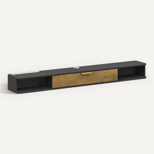 Meuble TV Design Suspendu - 2 Niches, Porte Abbatante - Gris Charbon Effet Bois