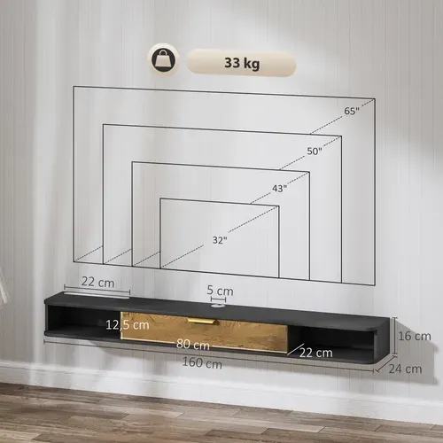 Meuble TV Design Suspendu - 2 Niches, Porte Abbatante - Gris Charbon Effet Bois